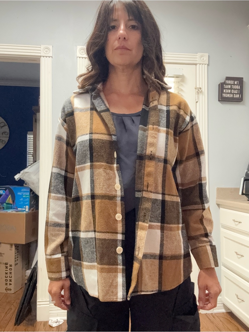 SHEIN Mustard, Black and Cream Plaid Button-Down Shirt
